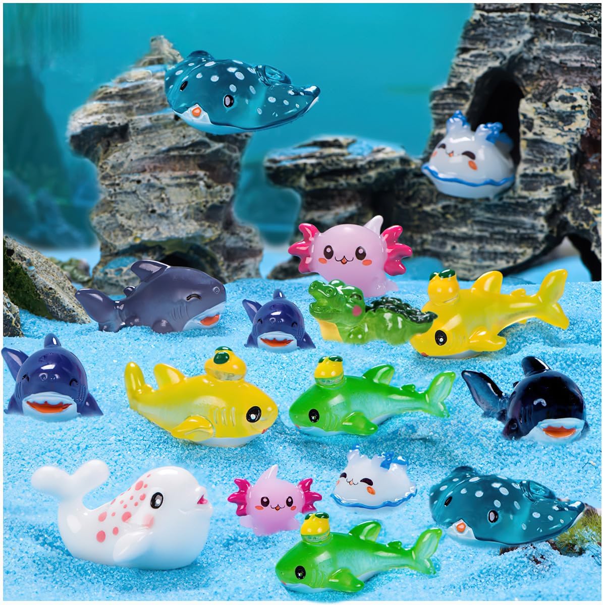 20 mini figuras de océano, mini figuras de resina con temática oceánica, adornos de acuario, pequeños animales de resina de micropaisaje para