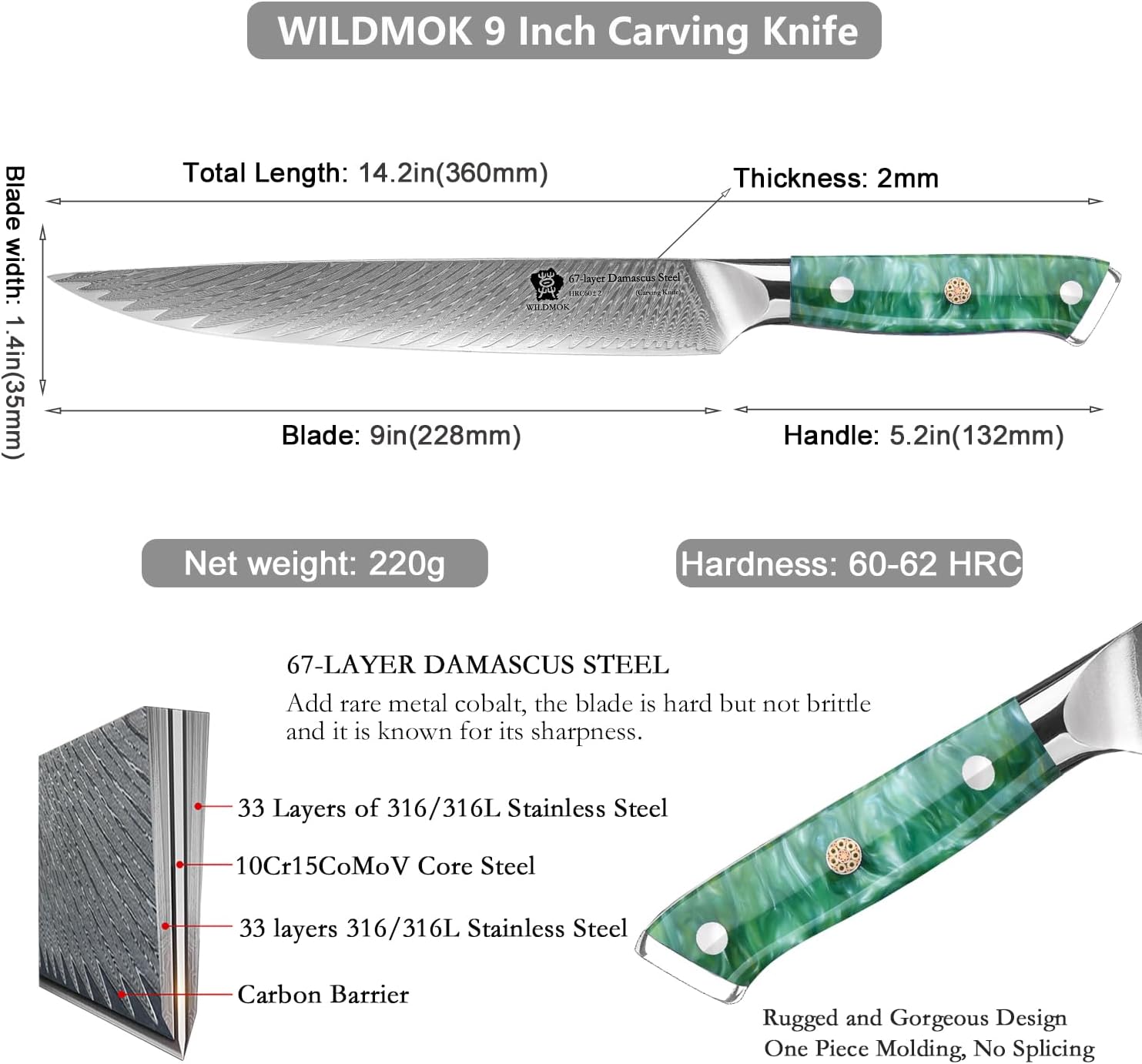WILDMOK Cuchillo de trinchar, cuchillo de corte de 9 pulgadas, cuchillos y tenedores para tallar, cuchillo de barbacoa, cuchillo de corte de carne,
