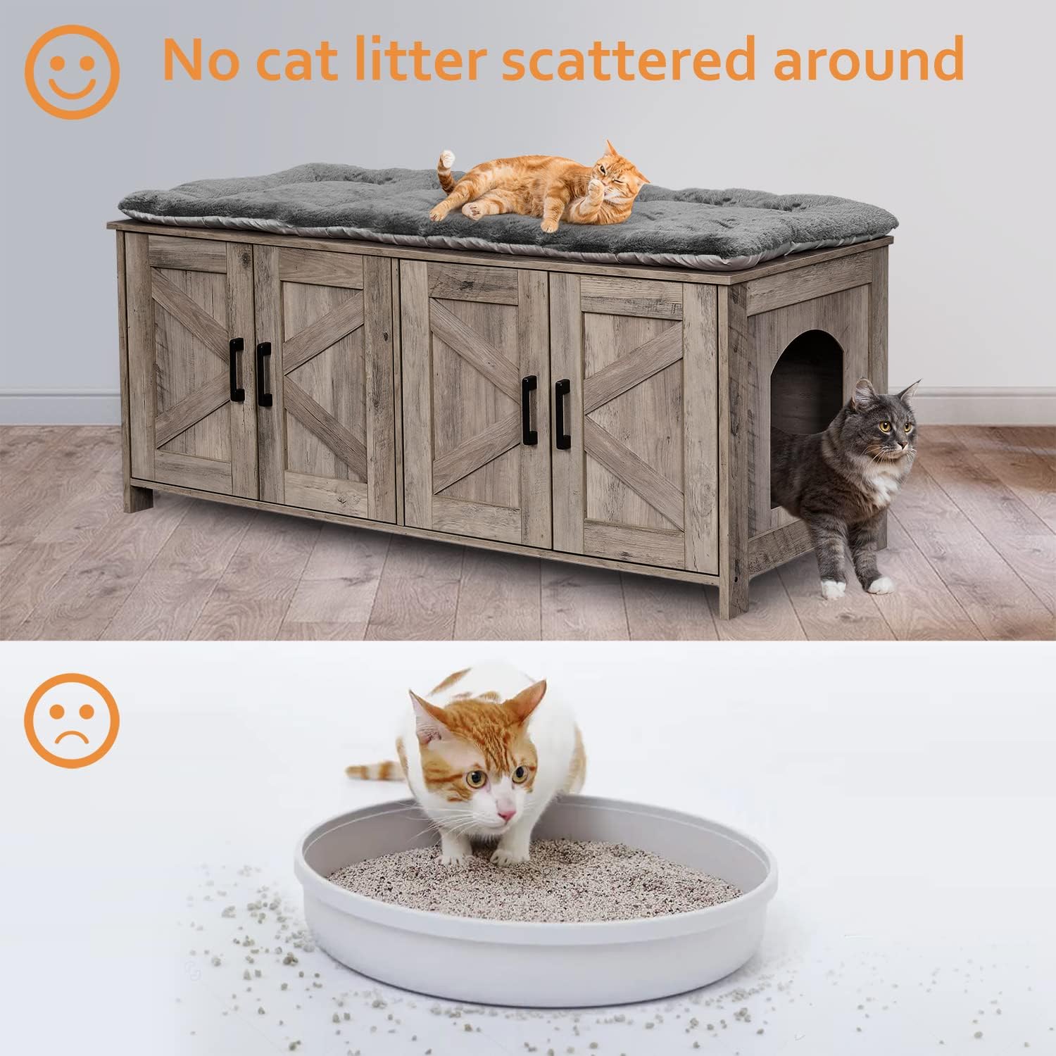 Caja de arena para gatos para 2 gatos, muebles ocultos con habitación doble, muebles de madera para baño, casa para gatos, 47.2 pulgadas de largo x