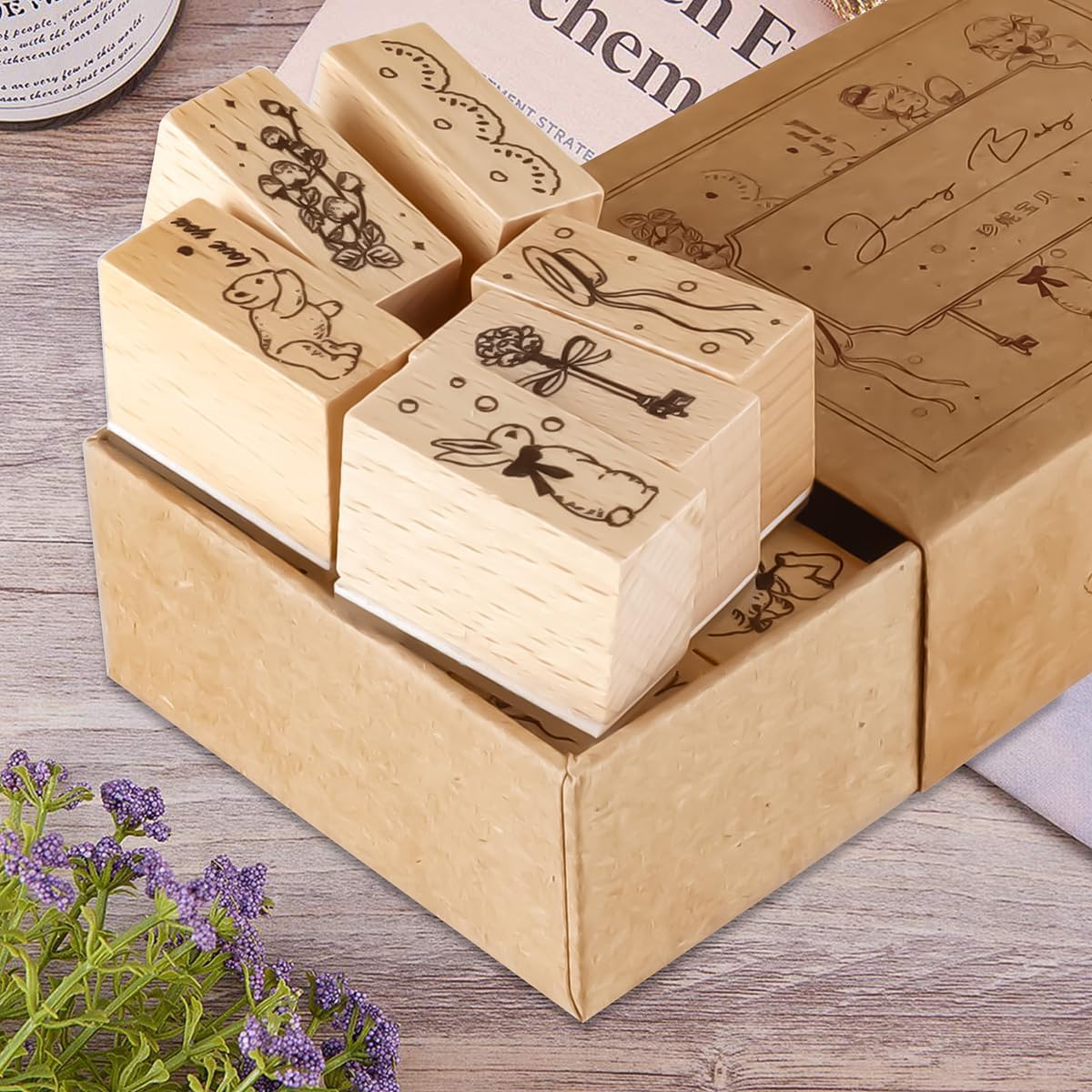 Sello de goma con patrones de plantas de madera, juego de sellos de goma decorativos de madera para manualidades, tarjetas de manualidades, álbumes