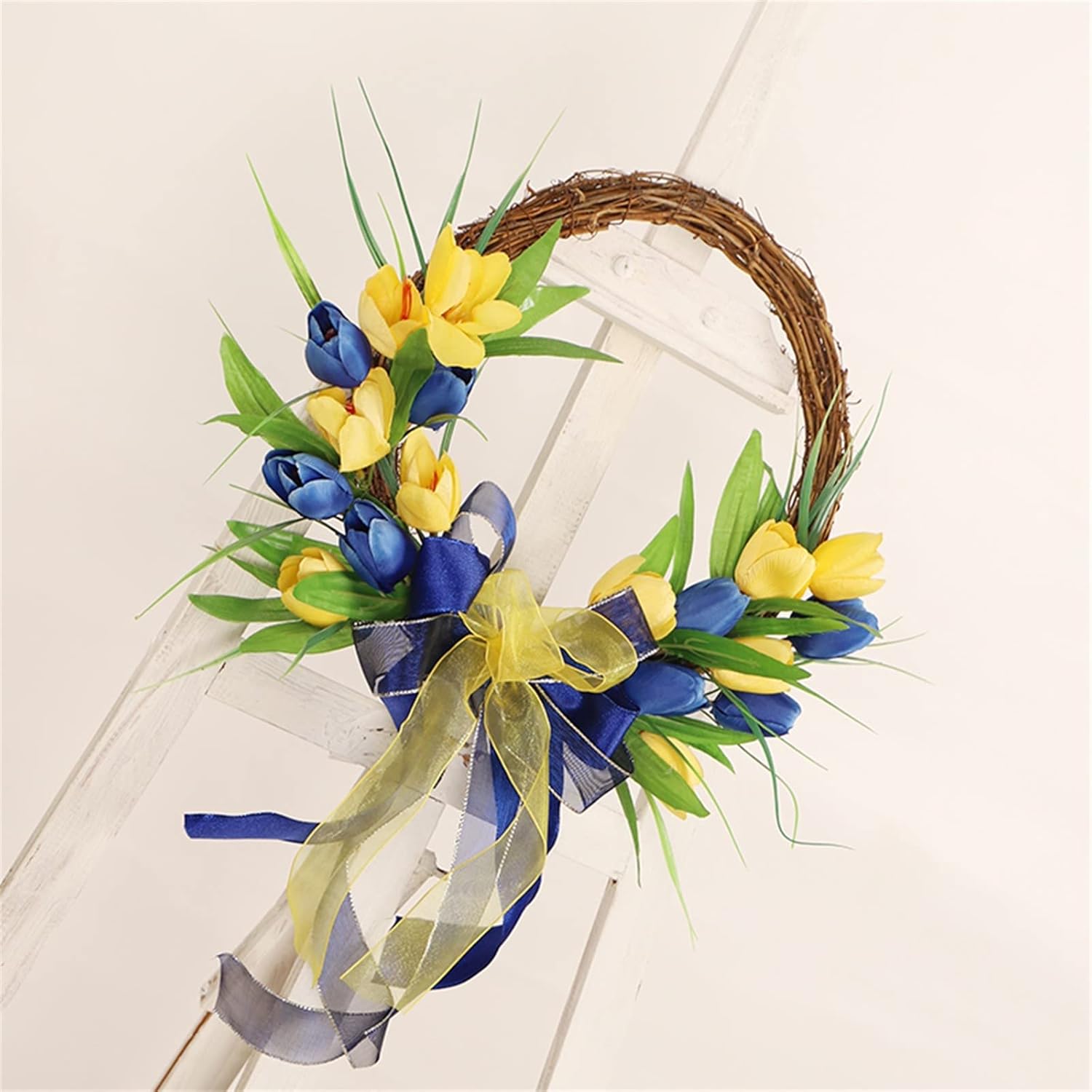 Corona de puerta delantera, corona amarilla y azul, corona de granja para puerta delantera, hogar, pared, boda, mesa, decoración de verano, coronas