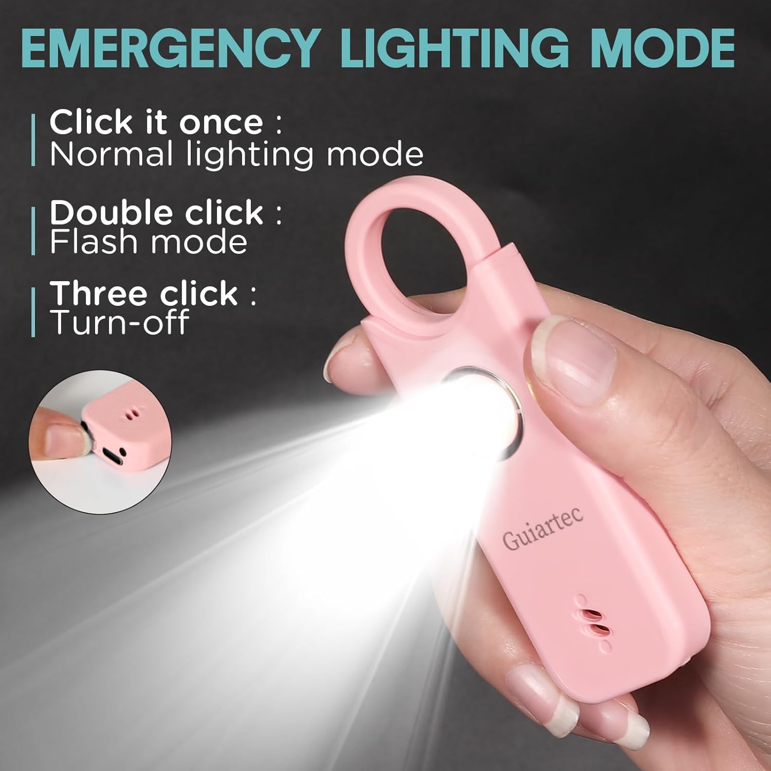 Alarma de seguridad personal recargable para mujeres, llavero de autodefensa de 135 dB con luz estroboscópica LED, dispositivos de seguridad de