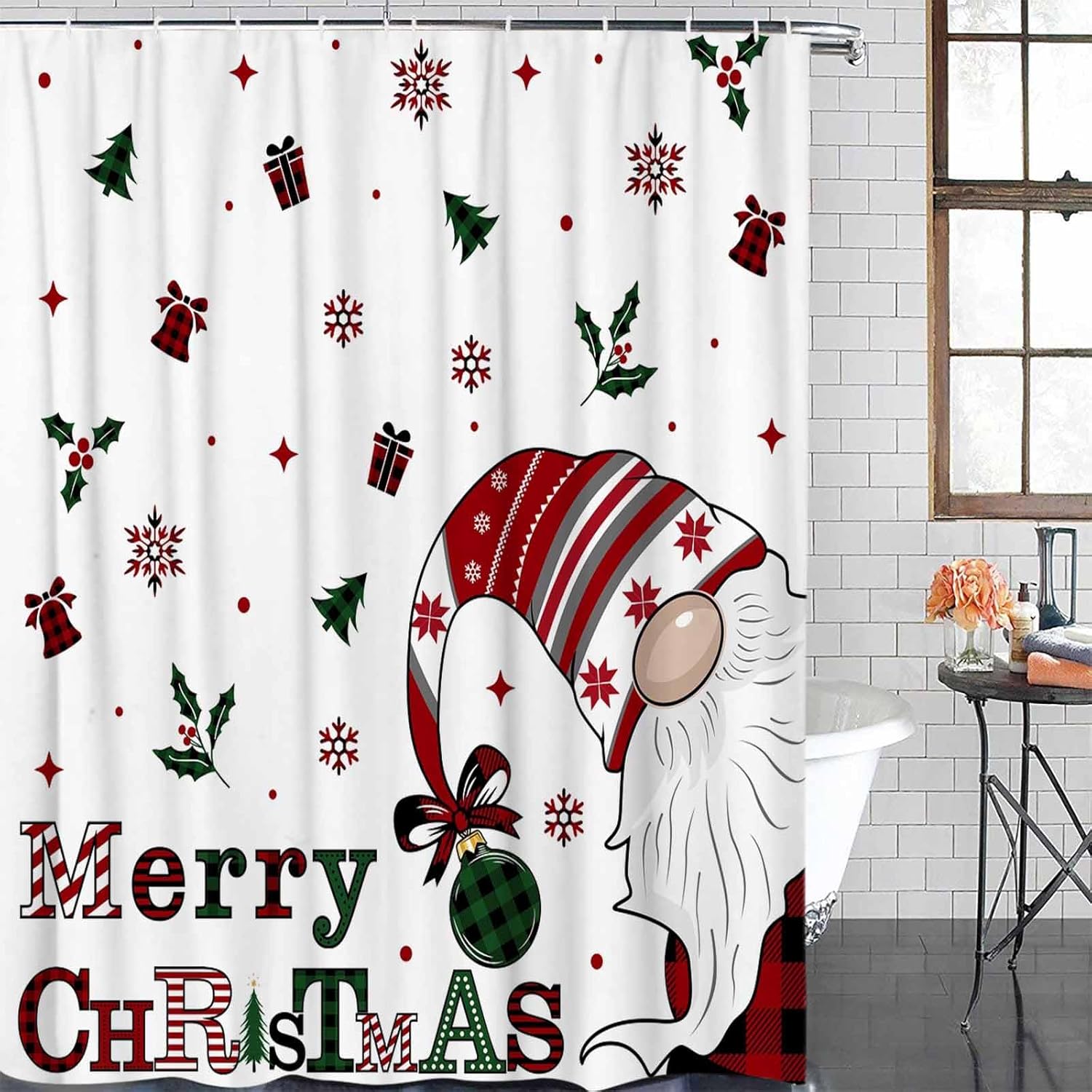 zzsunfeel Juego de cortinas de ducha impermeables con 12 ganchos, caja de regalo de gnomo de Feliz Navidad, campana, copos de nieve, bayas, 72 x 72