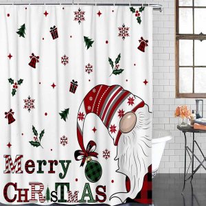 zzsunfeel Juego de cortinas de ducha impermeables con 12 ganchos, caja de regalo de gnomo de Feliz Navidad, campana, copos de nieve, bayas, 72 x 72 zzsunfeel Juego de cortinas de ducha impermeables con 12 ganchos, caja de regalo de gnomo de Feliz Navidad, campana, copos de nieve, bayas, 72 x 72