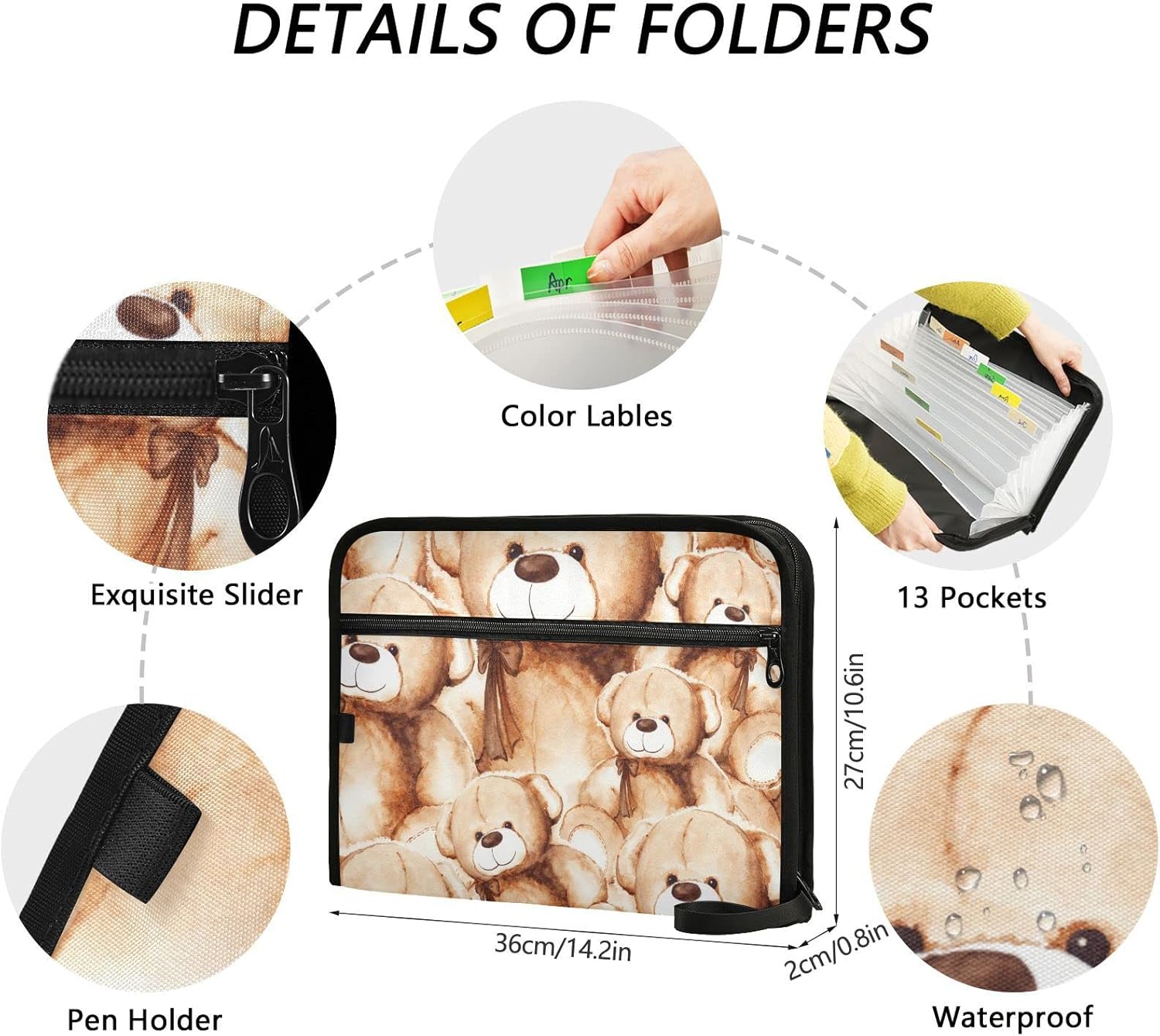 Bonito organizador de archivos de acordeón de oso de peluche, organizador de documentos portátil para recibos, carpetas de archivos con bolsillos,