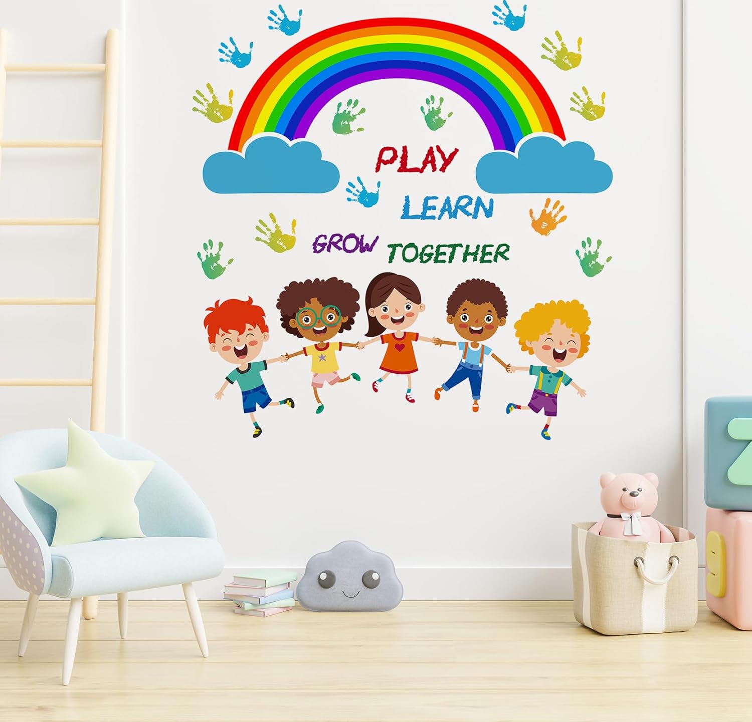 Calcomanías de pared coloridas de arco iris, calcomanías de pared con huellas de mano para niños, murales de pared inspiradores para despegar y
