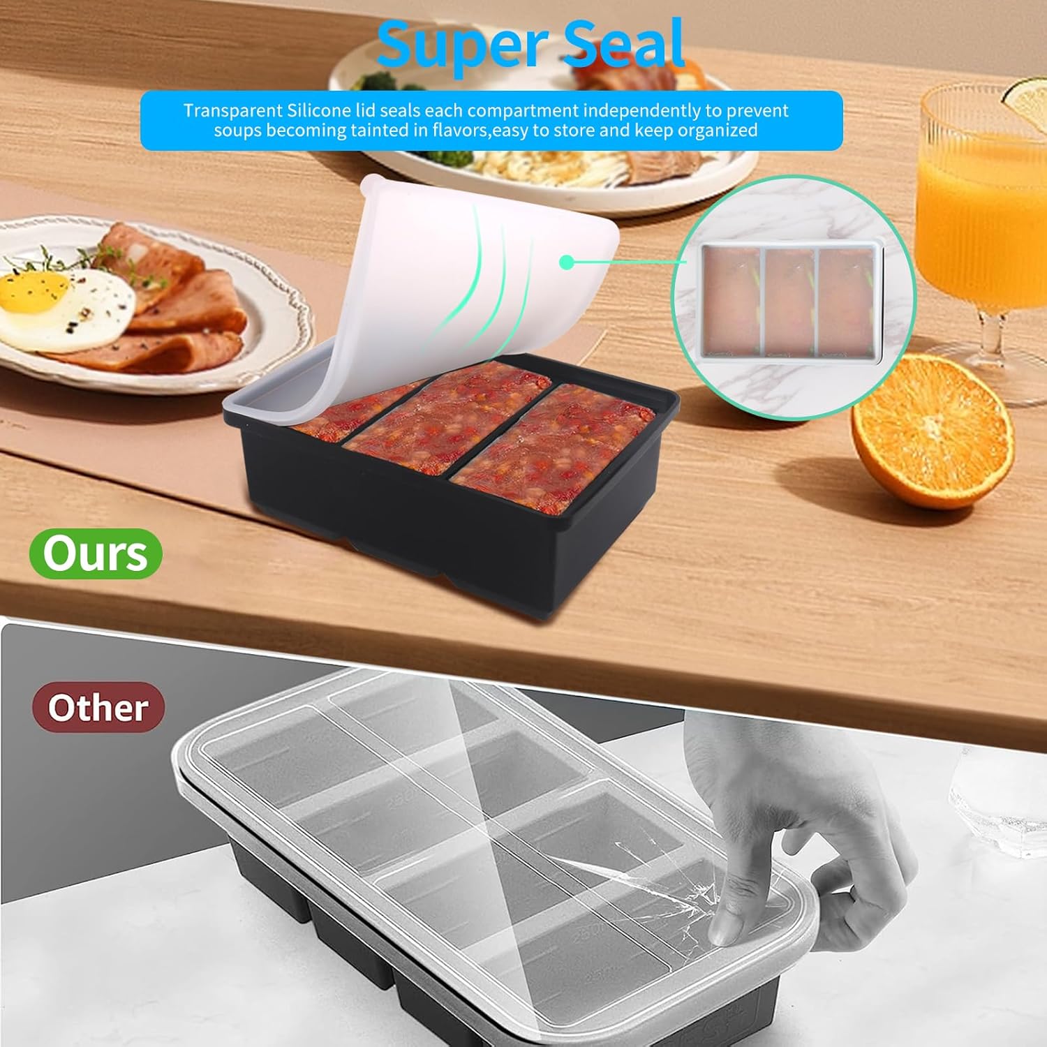 Bandeja de silicona para congelador con tapa, moldes de silicona para congelador, bandeja grande para cubitos de hielo, recipiente de silicona para