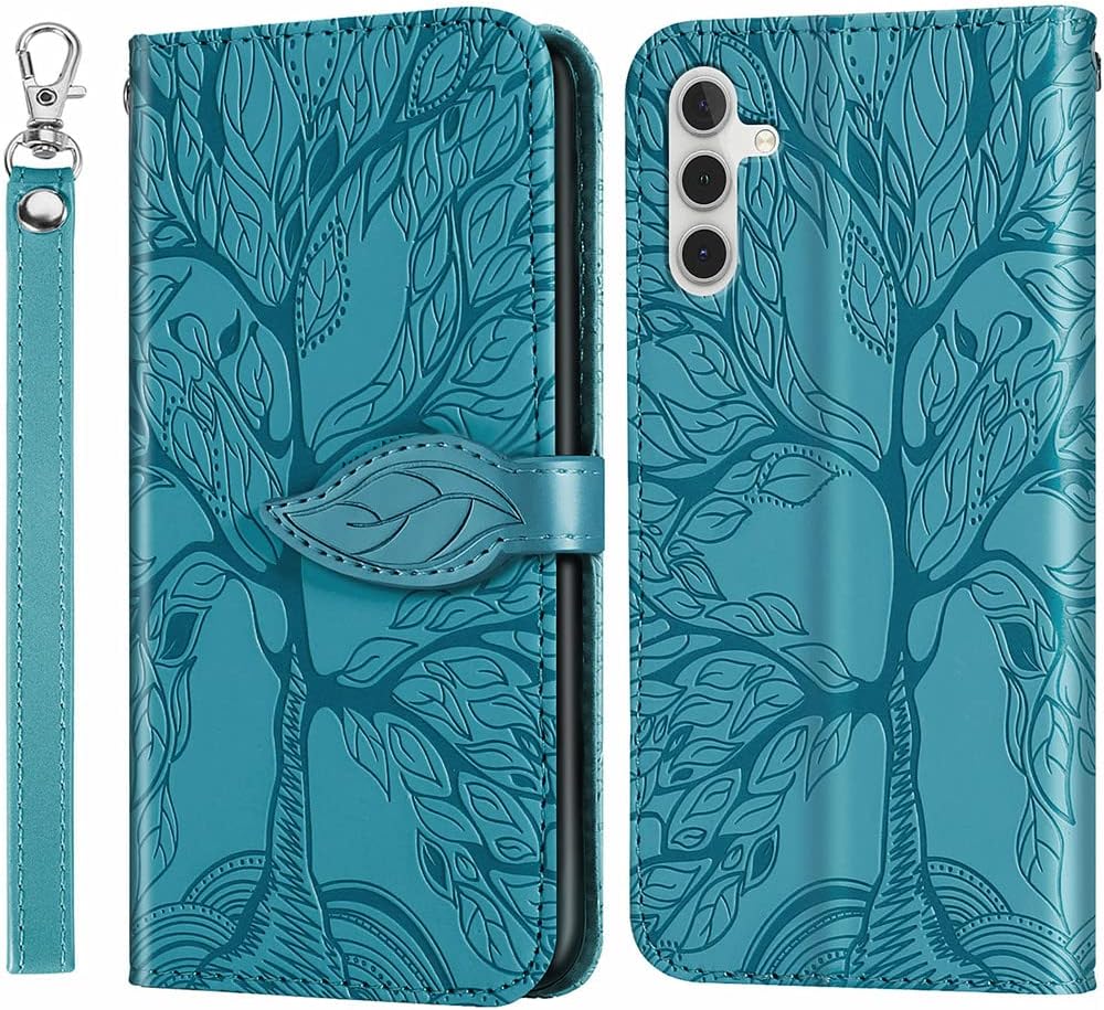 ROPIGO Funda tipo cartera para Samsung Galaxy A14 5G, piel sintética de alta calidad con diseño de árbol en relieve, función atril, ranuras para
