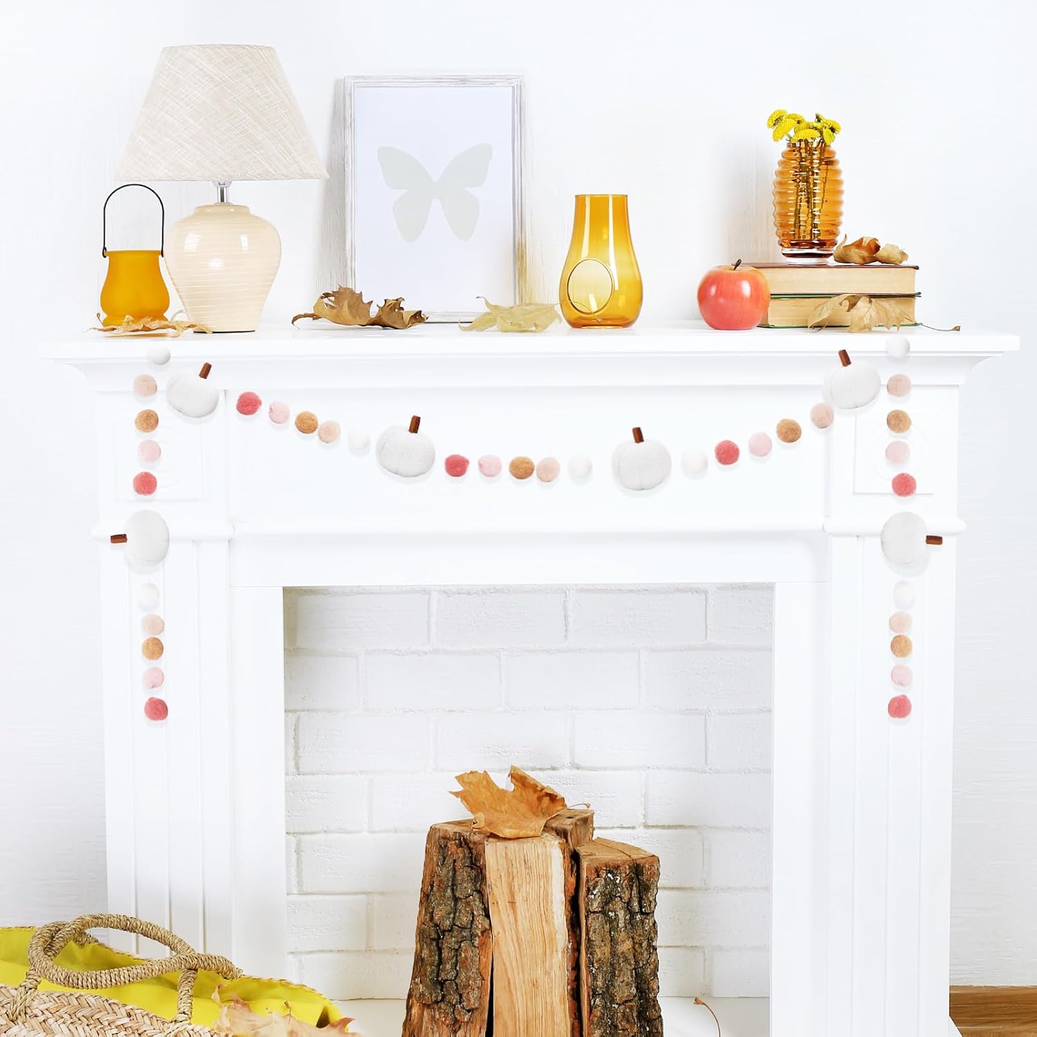 Whaline Guirnalda de fieltro de otoño de 8.2 pies con forma de calabaza blanca 3D banderines de fieltro colorido bola de pompón premontada guirnalda