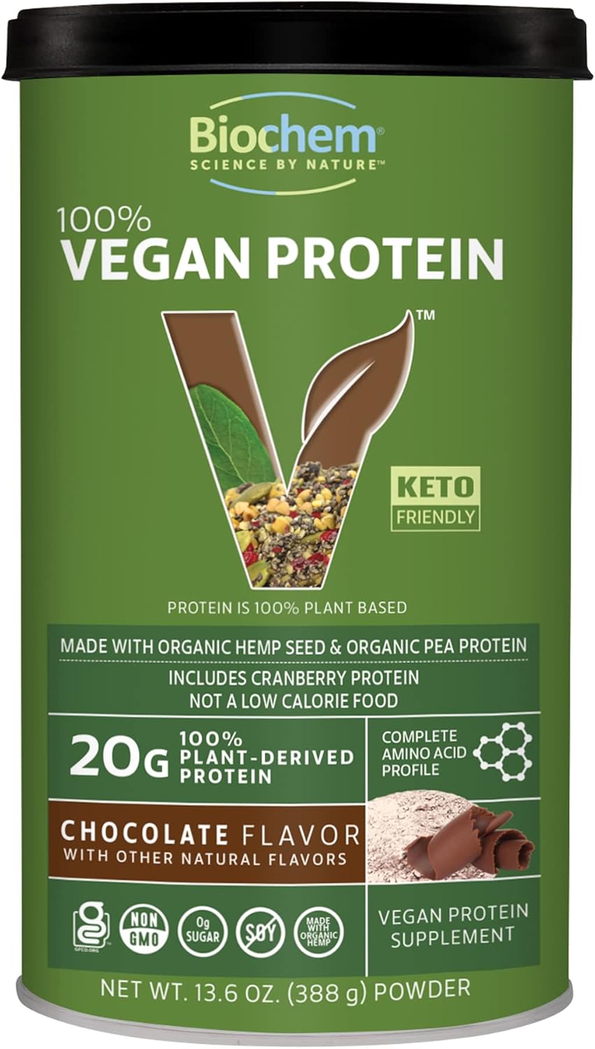 Biochem Proteína vegetal 100% vegana, chocolate, 11.4 onzas, fácil de digerible, amigable con KETO, aminoácido, arándano, semillas de cáñamo,