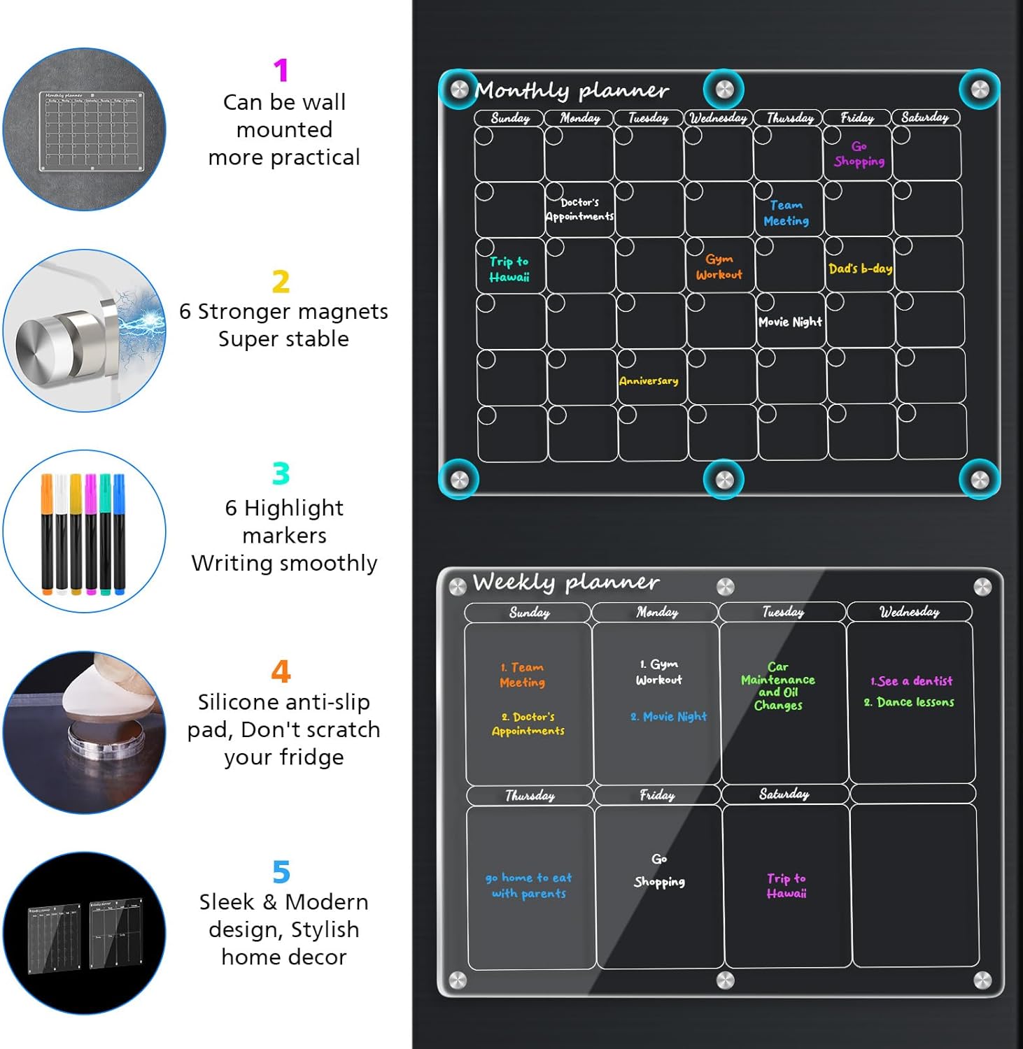 CSIHOP Calendario acrílico para refrigerador H2.0, calendario magnético transparente para nevera, 2 piezas, calendario reutilizable para