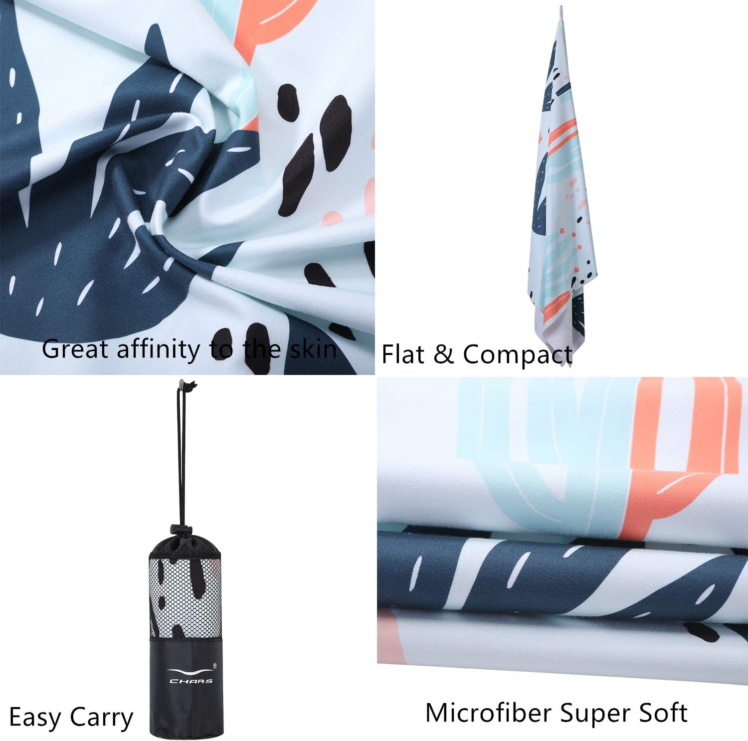 Toalla de playa de microfibra CHARS de secado rápido con bolsa, es muy absorbente, libre de arena, para niños, adolescentes, adultos, viajes,