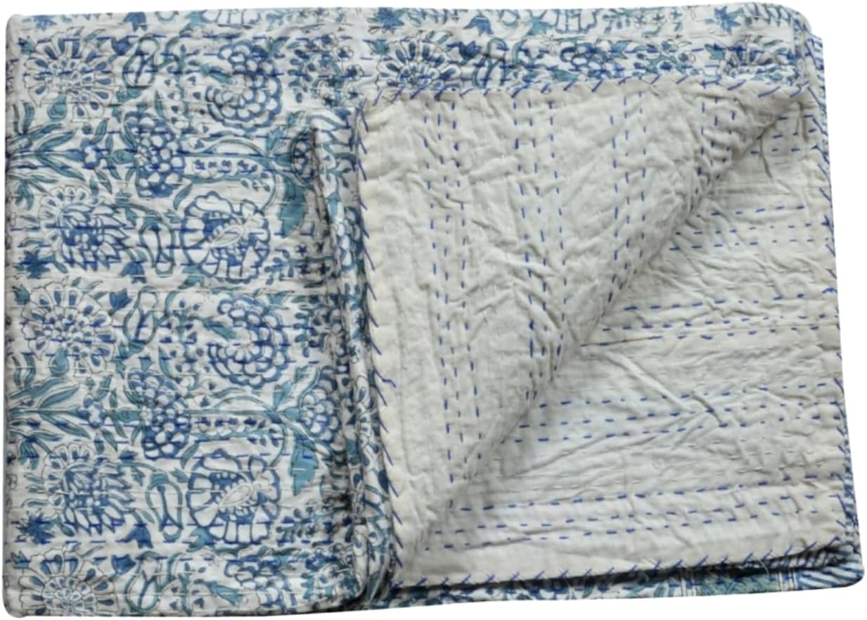 Kantha Bedspreas – Colcha con estampado de bloques indios, tamaño Queen, manta Kantha Bedspreas de algodón puro (90 x 108 pulgadas, floral blanco)
