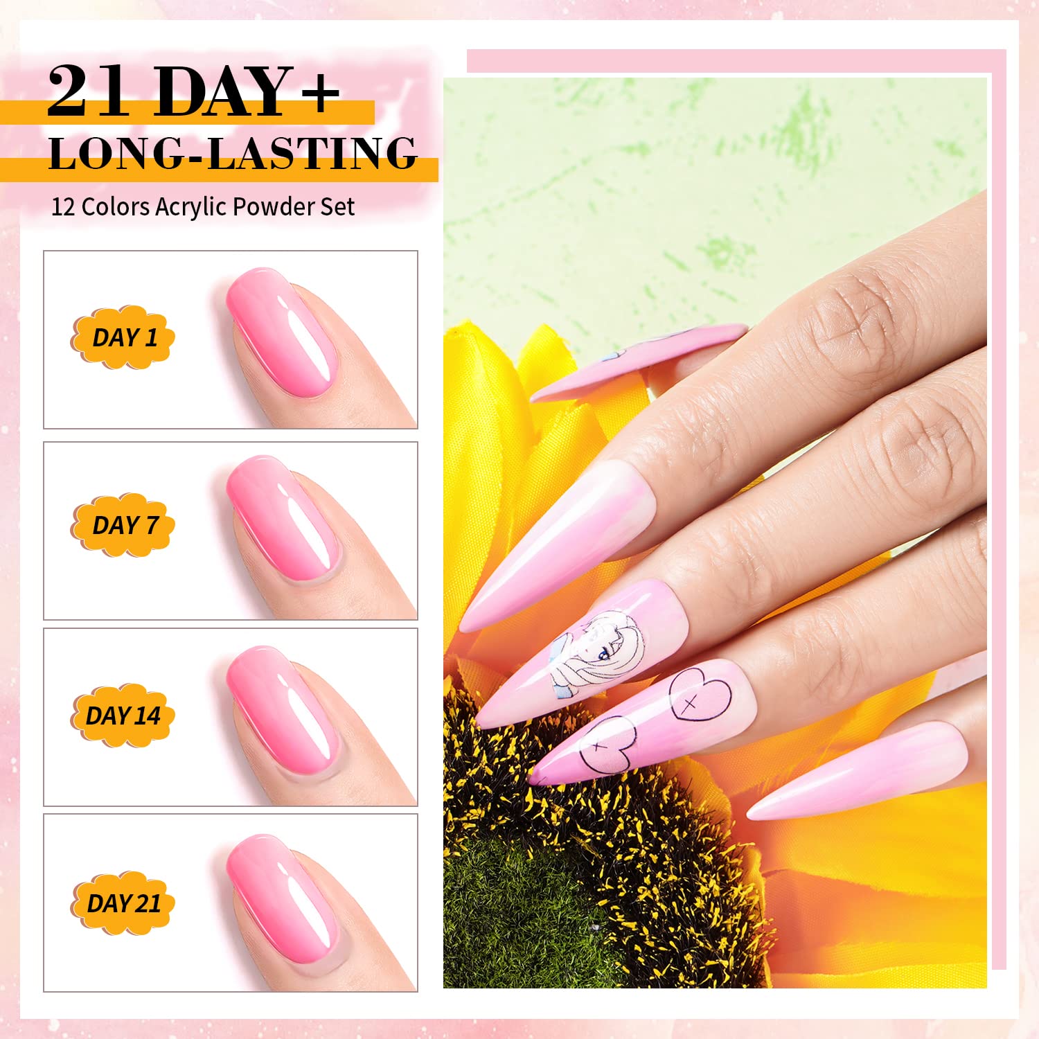 LanFo Juego de polvos acrílicos de 12 colores para uñas, polvo acrílico rosa, marrón, brillantina, polvo acrílico profesional, extensión de polvo de