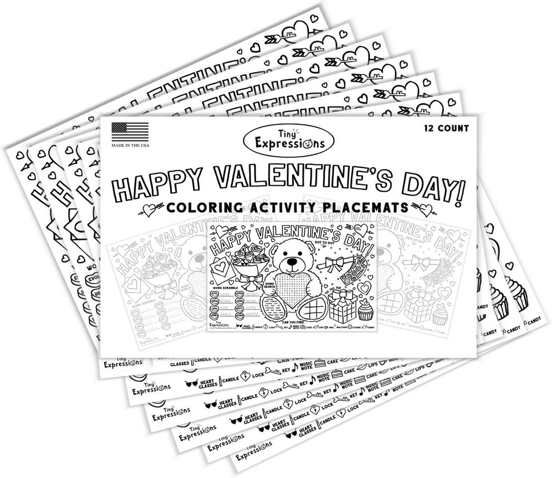 Tiny Expressions – Manteles individuales para colorear del día de San Valentín para niños  Paquete de 12 alfombrillas de papel desechables para mesa