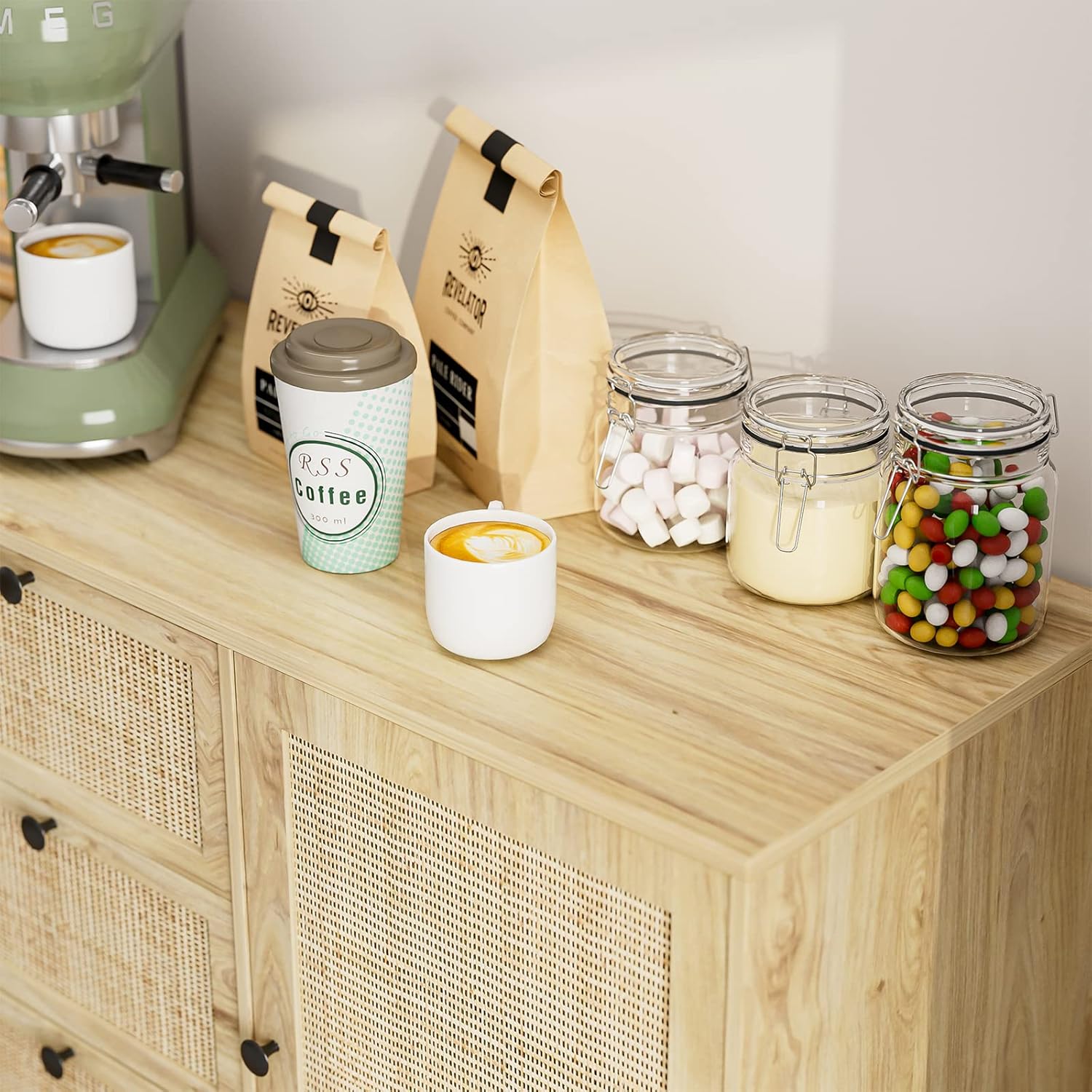 Aparador de ratán con almacenamiento, armario con puertas y estantes, armario decorativo con cajones para sala de estar, cocina, comedor, entrada