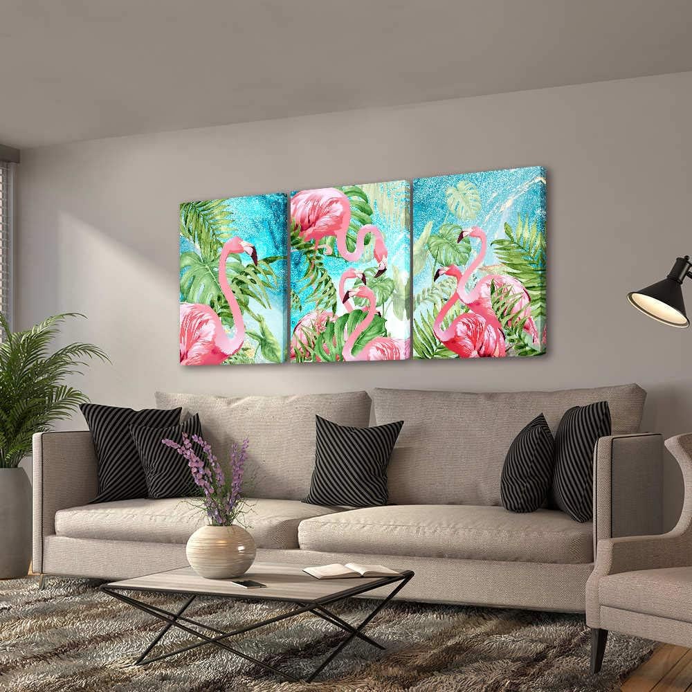 RUISHI Lienzo decorativo para pared, 3 piezas, flamenco, decoración bohemia para dormitorio, imagen de animales, palmera, plantas tropicales,