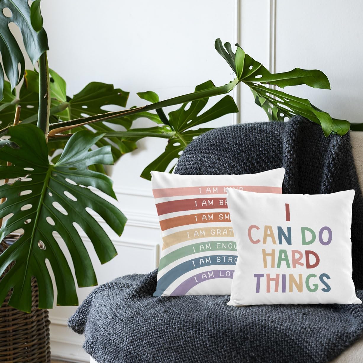 Juego de 2 fundas de almohada con texto en inglés “Rainbow Class”, fundas de almohada con texto en inglés “I Can Do Hard Things”, fundas de almohada