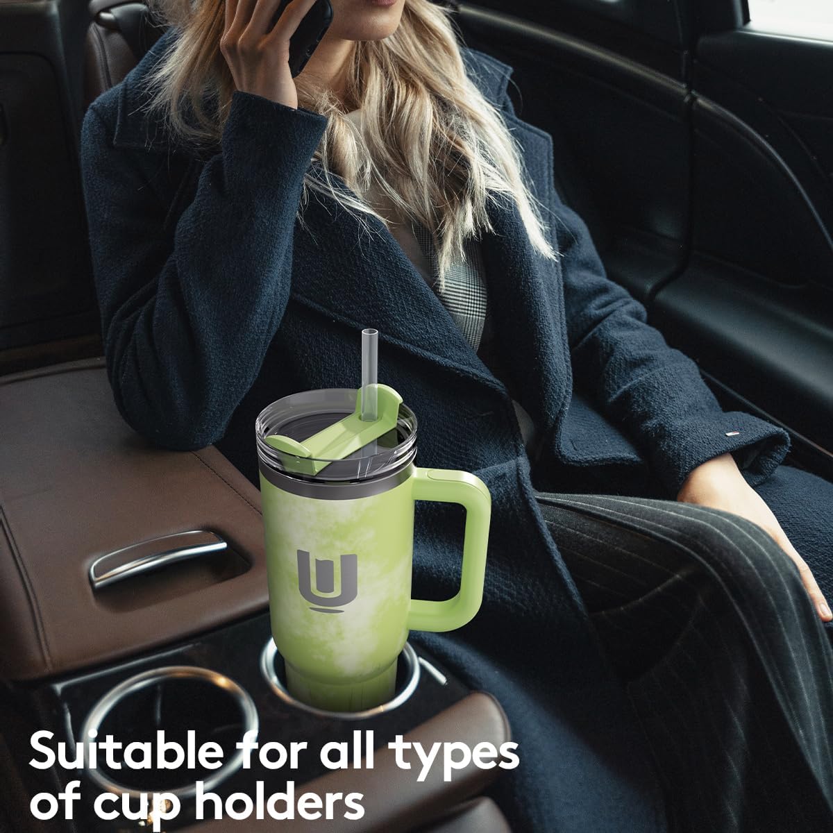 ZUWOZU Vaso de acero inoxidable con aislamiento al vacío con tapa y pajilla, de 40 oz, con asa y pajilla, 2 tapas, taza de viaje para café helado,