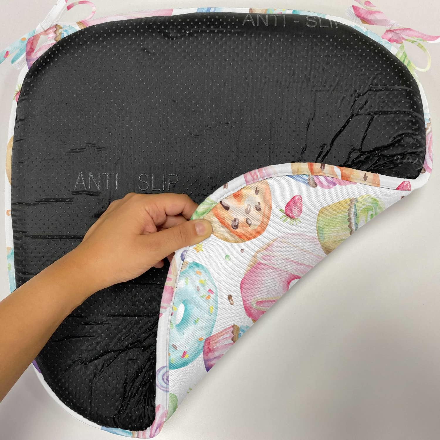 Lunarable Sweets – Juego de 4 cojines de asiento para silla, deliciosos cupcakes de macarrón, donas, muffins, azúcar, sabroso y delicioso diseño de