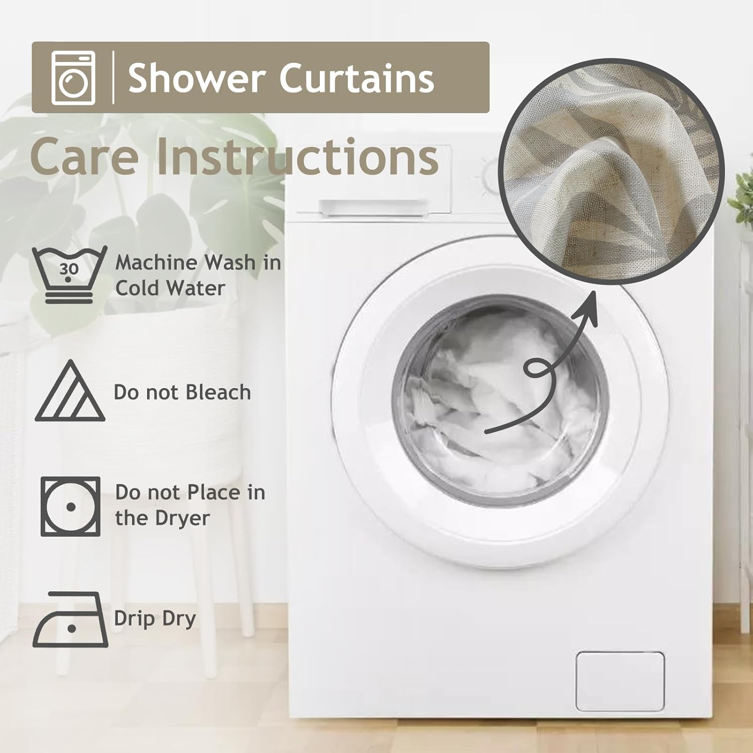Cortina de ducha para baño, color gris y beige, mezcla de lino, hojas y plantas, juego de cortinas de ducha para baño, resistente, 12 ganchos