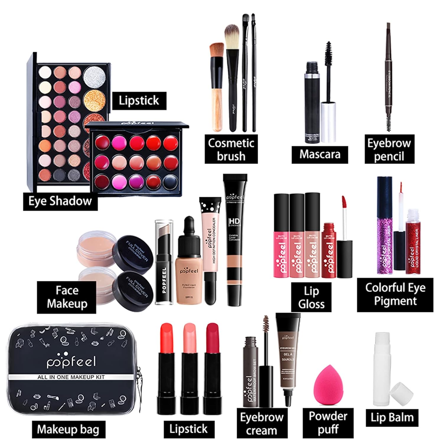 Joyeee Juego de regalo de maquillaje todo en uno, kit de maquillaje de viaje, paquete completo de maquillaje para principiantes, lápiz labial,