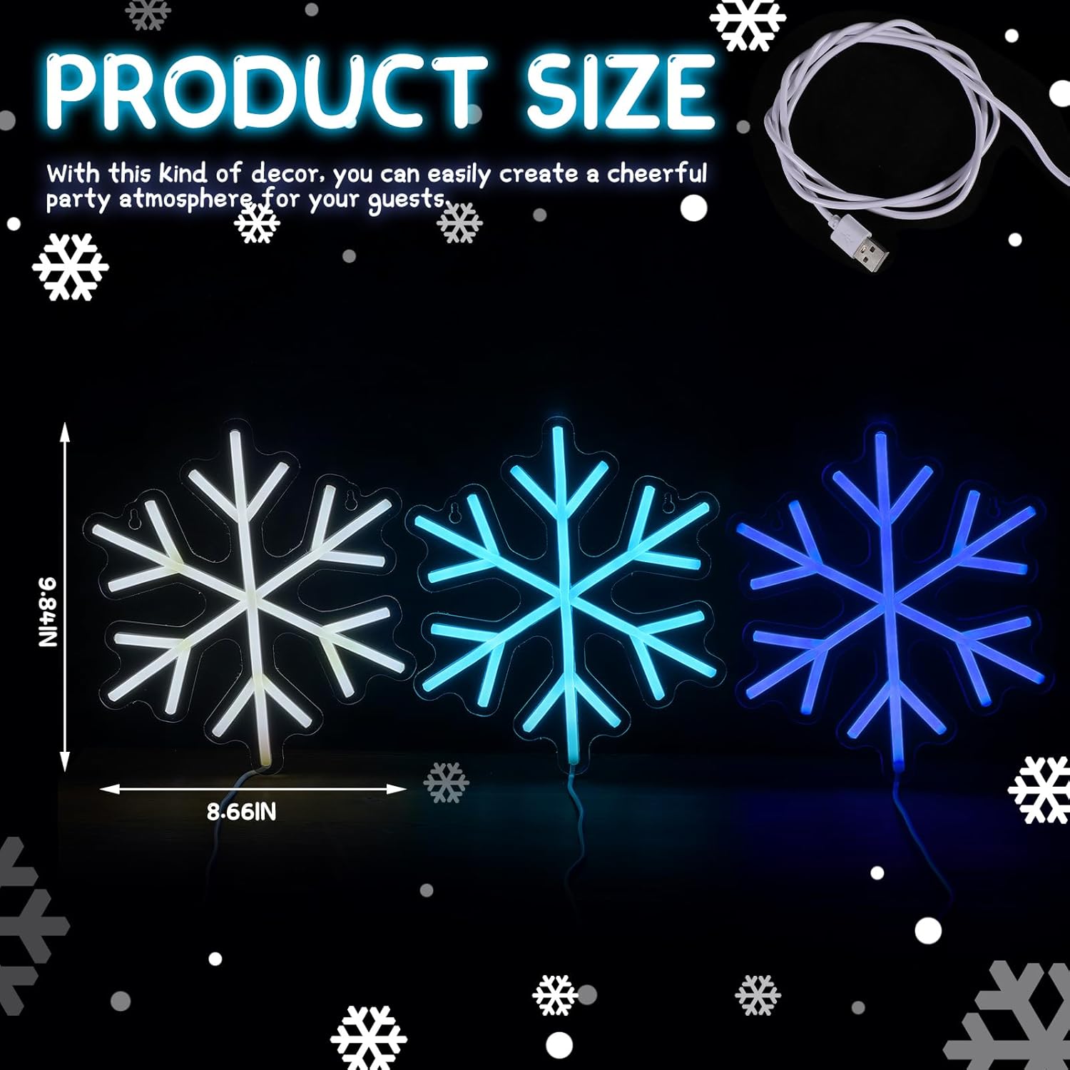 3 letreros de neón de copo de nieve, luces LED de neón de copo de nieve, luces de neón de invierno, barra de pared para ventana, decoración de sala