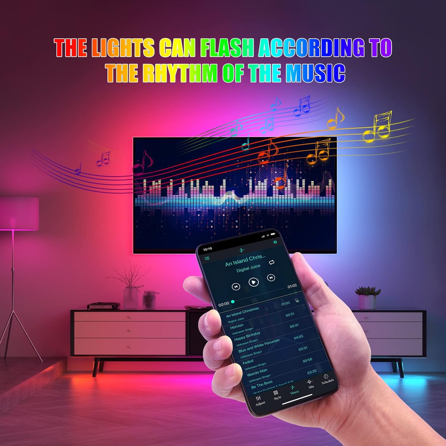 Tira LED inteligente multicolor cambiante, tira LED RGB más brillante de 9.8 pies, tira de luz LED Bluetooth 90 con control de aplicación,