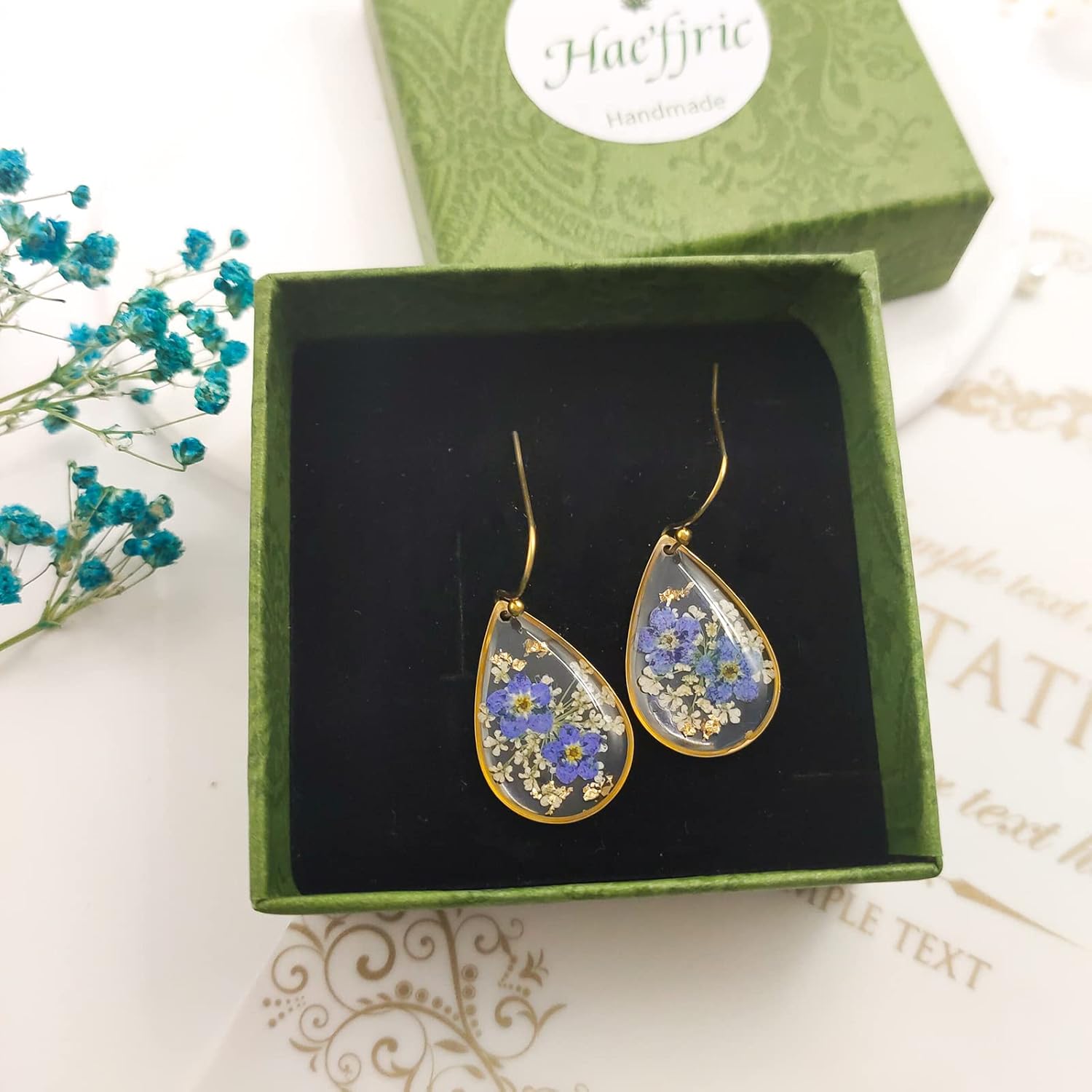 Pressed Flower Earrings,Handmade Pressed Forget-me-not Flower Earrings for Women,Unique Resin Drop Dangle Plant Earrings Dry Flowers,perfect for