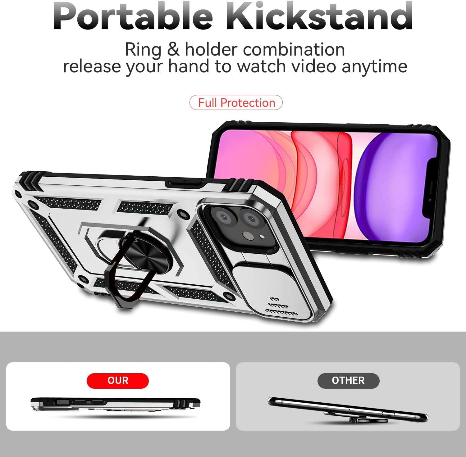 Funda para iPhone 11 con cubierta para lente de cámara, protector de pantalla HD, doble capa protección contra caídas de grado militar de 15 pies