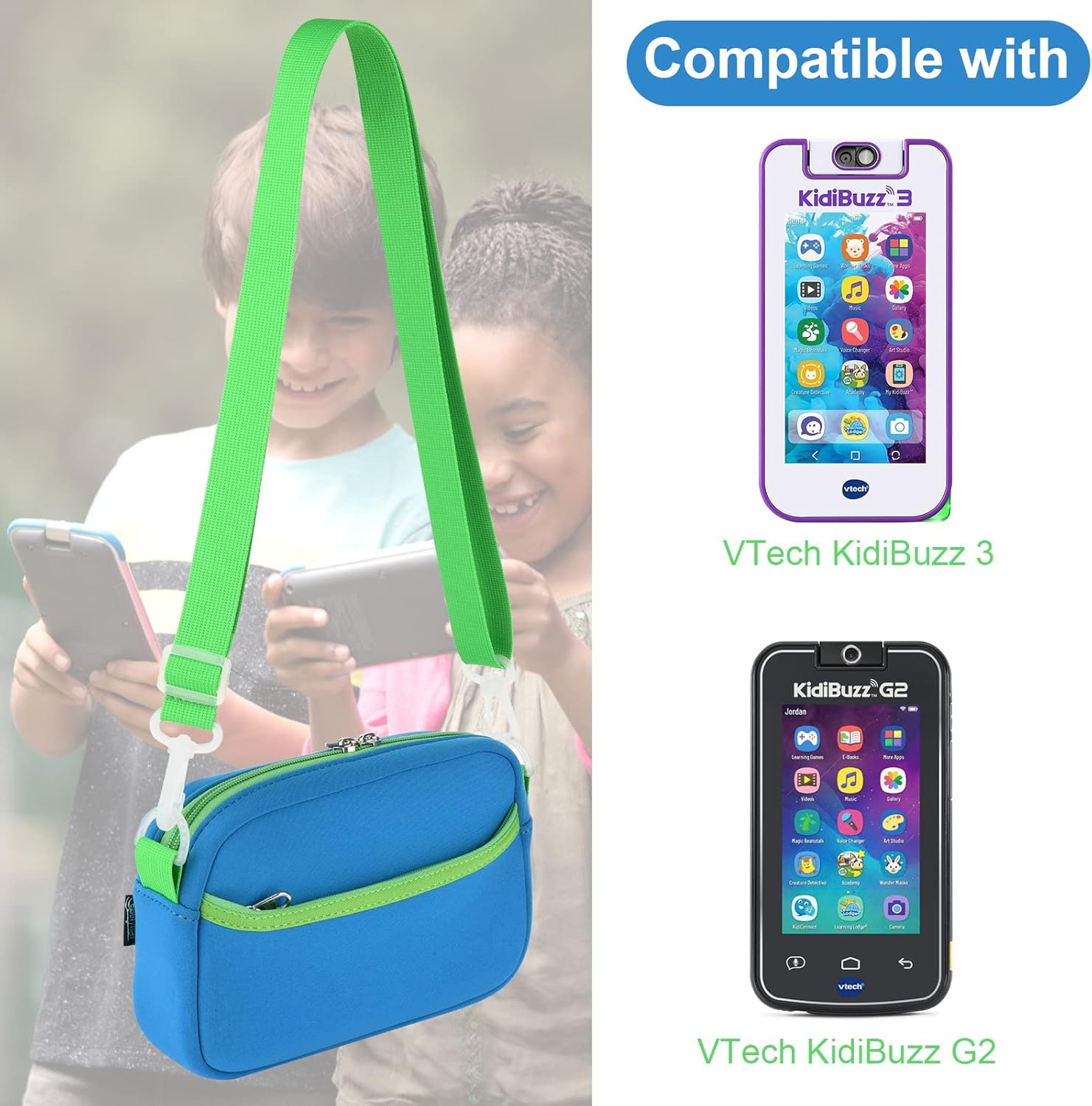Beautyflier Bolsa cruzada para teléfono para niños, compatible con VTech KidiBuzz 3para teléfonos KidiBuzz G2 para niños, funda de viaje electrónica