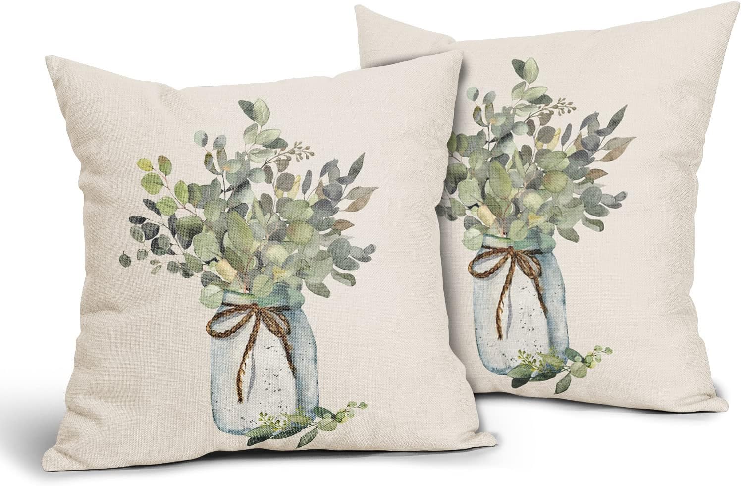 aportt Juego de 2 fundas de almohada de hojas de eucalipto verdes de 18 x 18 pulgadas, para primavera y verano, para sofá, estilo granja, acuarela,