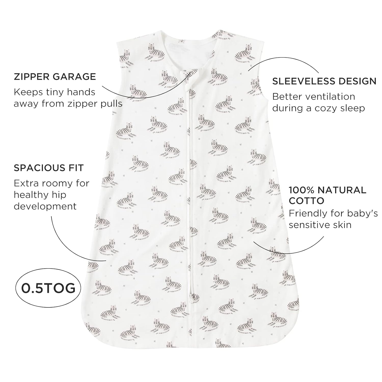 Duomiaomiao TOG 0.5 – Saco de dormir unisex para bebé, 100% algodón natural, saco de dormir con cremallera de 2 vías, 0.5 Tog-tigre