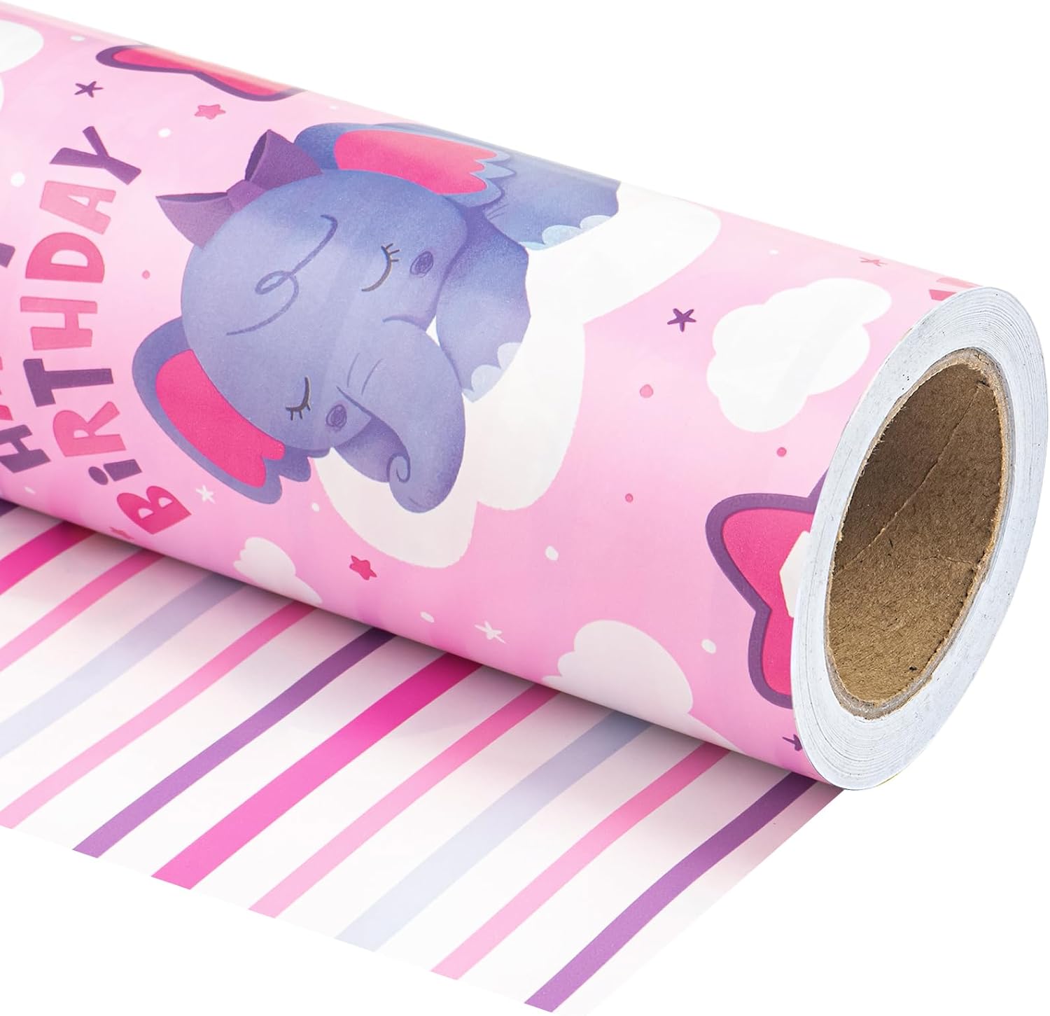 WRAPAHOLIC Papel de regalo reversible de primer cumpleaños, mini rollo, 17 pulgadas x 33 pies, adorable diseño de elefante de feliz cumpleaños para