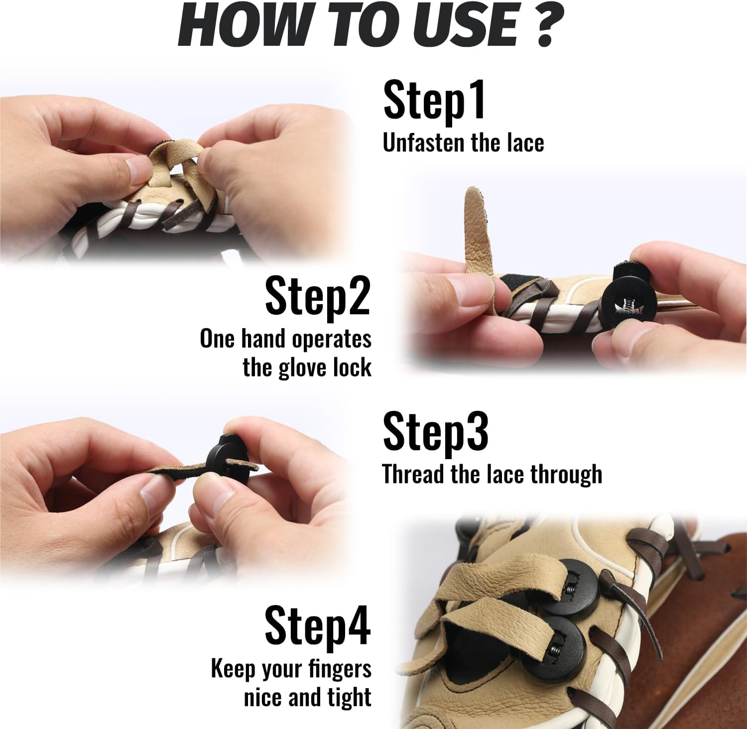 Jomeya Cerraduras para guantes, paquete de 8 cerraduras de encaje para guantes de béisbol, no requieren más nudos, ajuste universal para guantes de