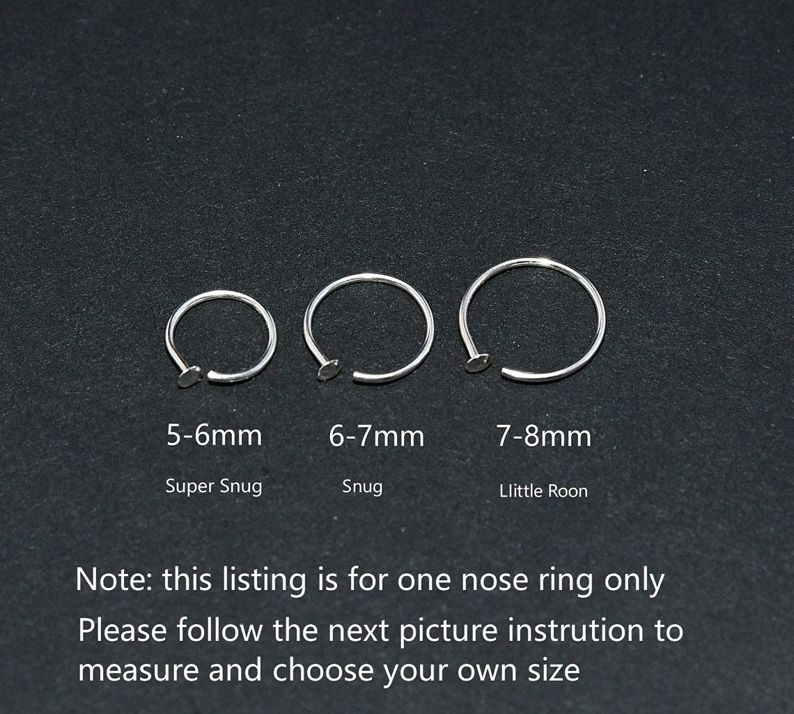 Small Thin Gold or Sterling Silver Nose Ring Hoop for Women, Adjustable with Stopper (Sterling Silver, 7-8mm  20 gauge)