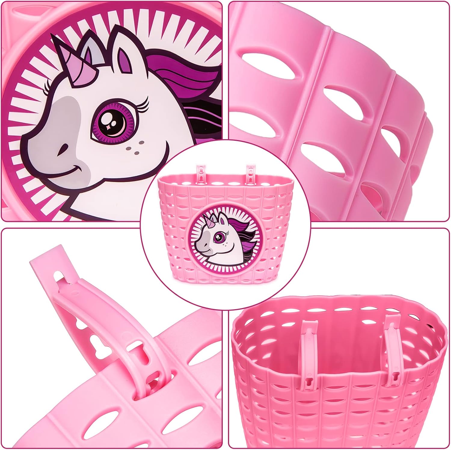 Cesta de bicicleta para niñas, cesta de bicicleta para manillar con pulsera de unicornio, campana, serpentinas, calcomanías, gafas de sol para