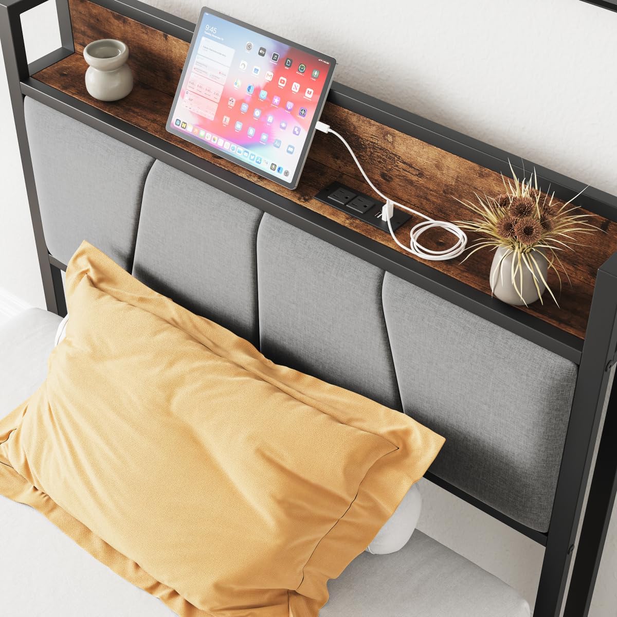 Base de cama de metal resistente tamaño individual con cabecera de almacenamiento tapizada y estación de carga, no necesita somier, fácil montaje,