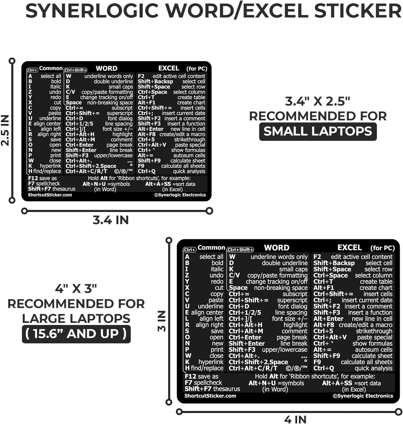 Synerlogic WordExcel – Adhesivo de acceso directo para Windows, guía de referencia, adhesivo de acceso directo de teclado  Esenciales para trabajar