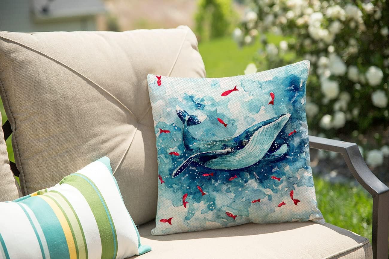 Funda de almohada para patio al aire libre, diseño de ballena en acuarela, decoración de granja, muebles exteriores, asiento oscilante, silla,