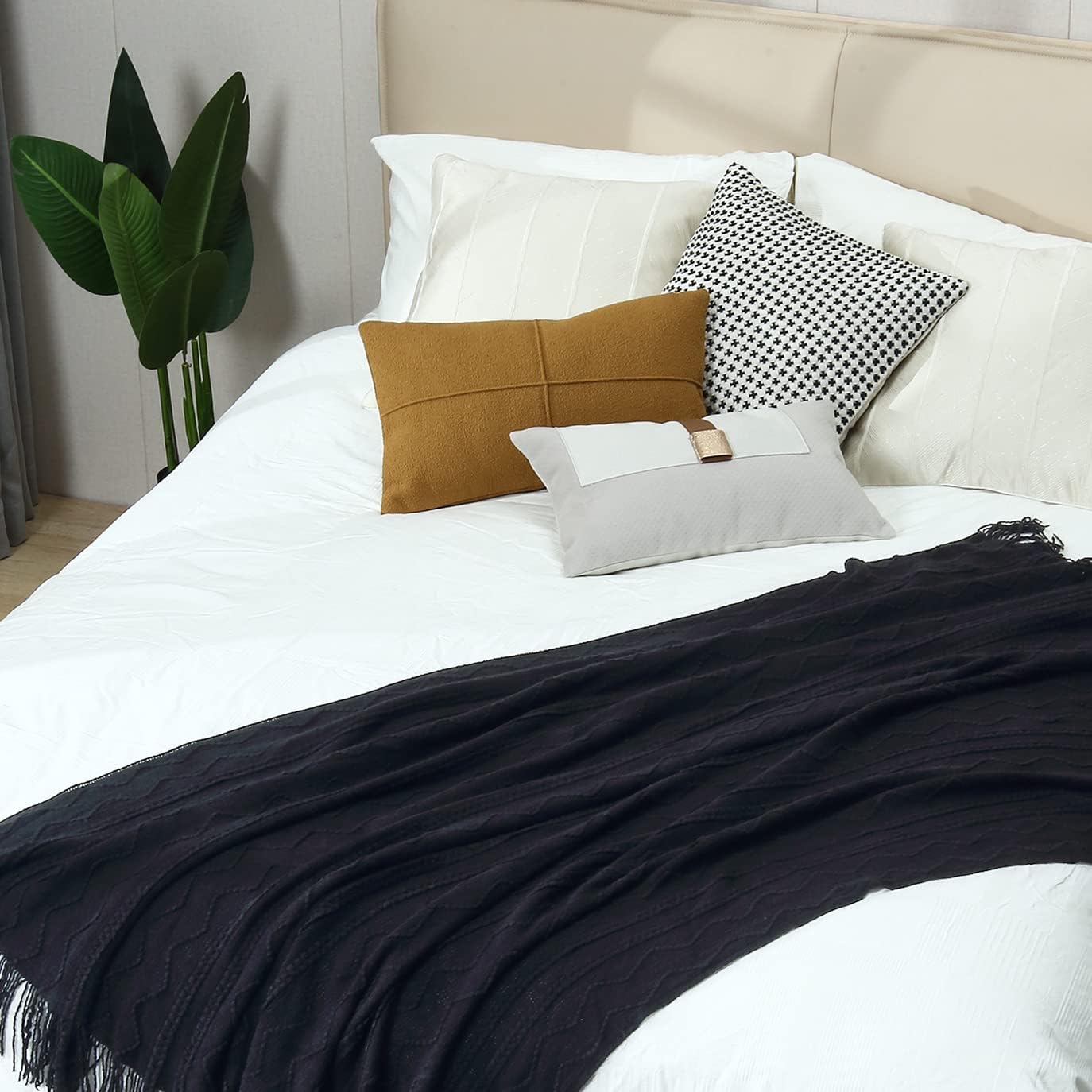 CREVENT Manta decorativa de punto para sofá, silla, cama, suave, cálida, acogedora, ligera, para primavera y verano (50 x 60 pulgadas, negro)