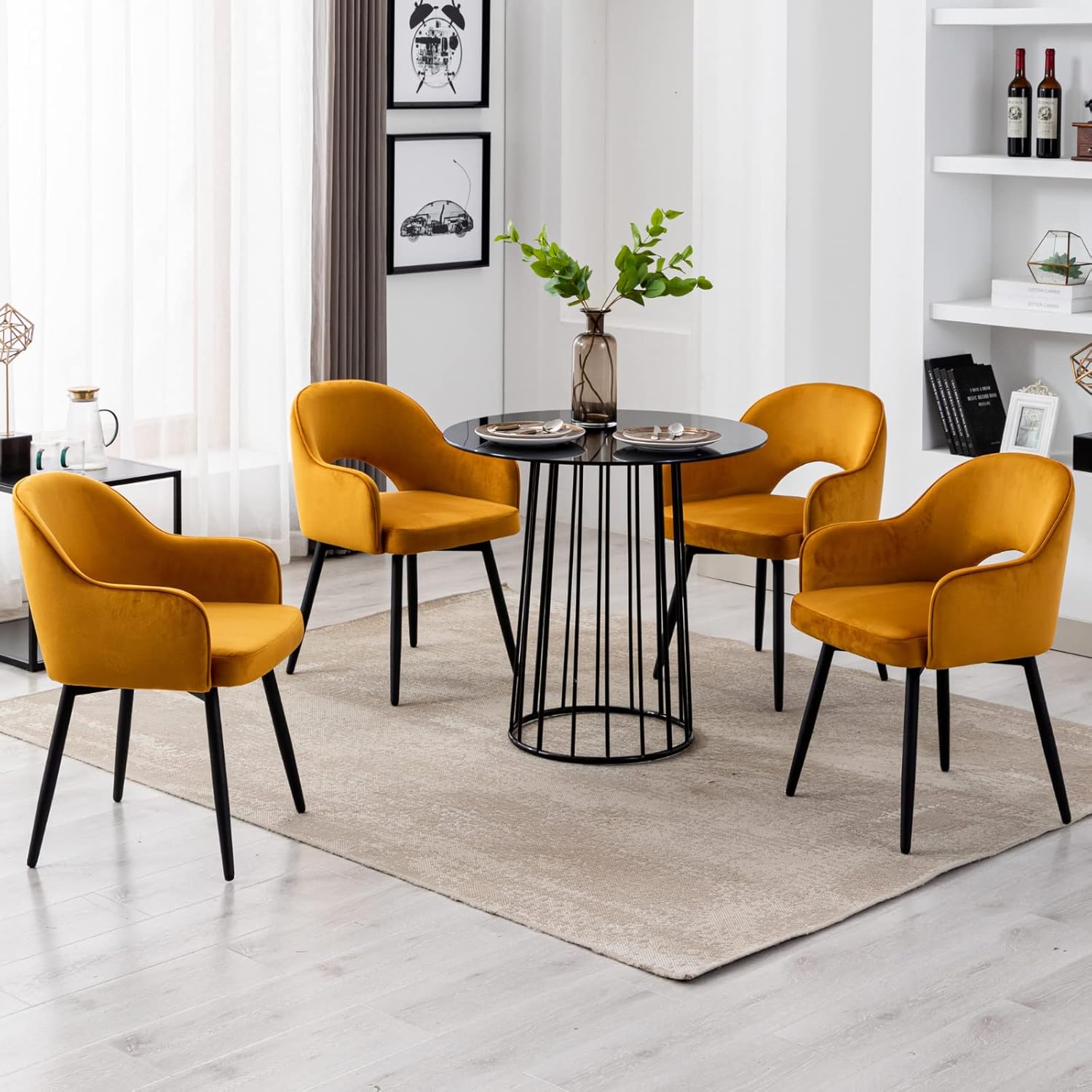 Juego de 2 sillas de comedor giratorias modernas, cómodas sillas laterales tapizadas de tela de terciopelo con respaldo hueco, patas de metal negro