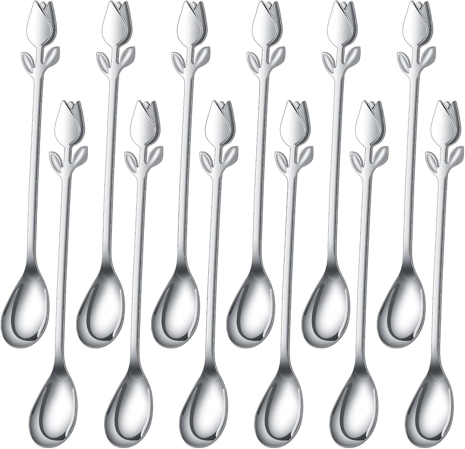 Juego de cucharas de café pequeñas plateadas con mango de tulipánrosa de 6 pulgadas, 12 piezas, acero inoxidable
