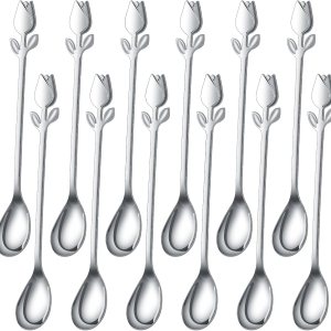 Juego de cucharas de café pequeñas plateadas con mango de tulipánrosa de 6 pulgadas, 12 piezas, acero inoxidable Juego de cucharas de café pequeñas plateadas con mango de tulipánrosa de 6 pulgadas, 12 piezas, acero inoxidable