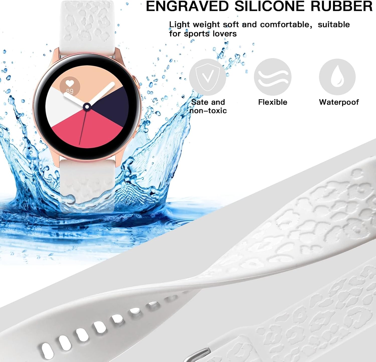 Paquete de 3 correas grabadas de guepardo compatibles con Samsung Galaxy Watch 4 de 1.575in, 1.732in, Watch 3 de 1.614in, Active 2, 1.575in,