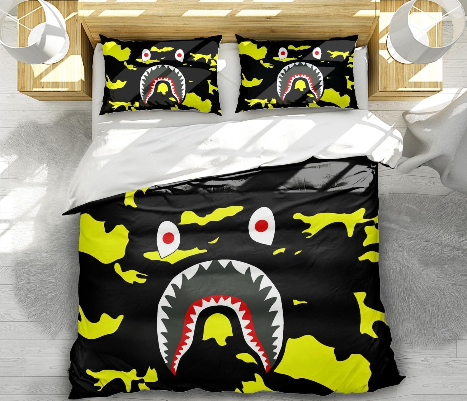 Juego de funda de edredón de tiburón camuflaje con estampado 3D para decoración de habitación, juego de ropa de cama supersuave de 3 piezas (1 funda
