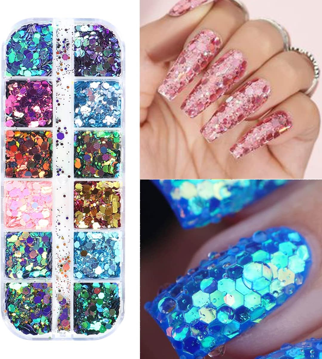 Lentejuelas hexagonales gruesas con purpurina holográfica en polvo de sirena en escamas brillantes para arte de uñas, lentejuelas iridiscentes,