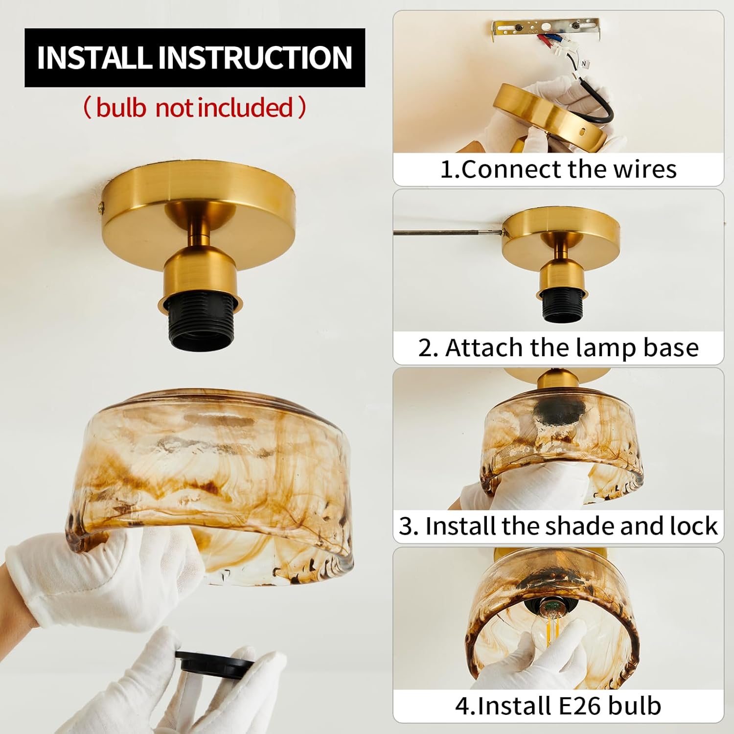 CVKASH Lámpara de techo de latón de montaje semiempotrado, pequeña y moderna lámpara de cristal ámbar dorado para casa de campo, iluminación de