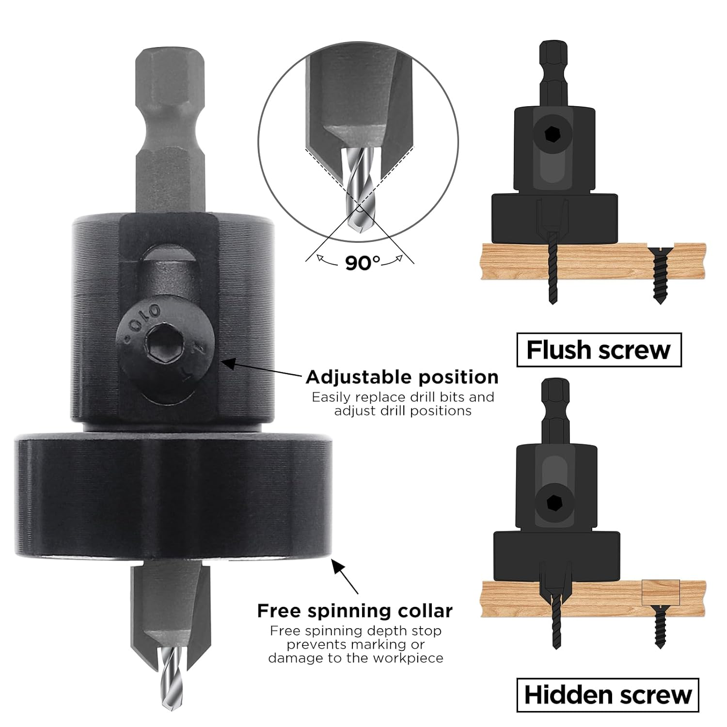 KOWOOD Juego de 3 brocas avellanadas con vástago hexagonal de 14 pulgadas con tope de profundidad ajustable para madera, escariador de carpintería