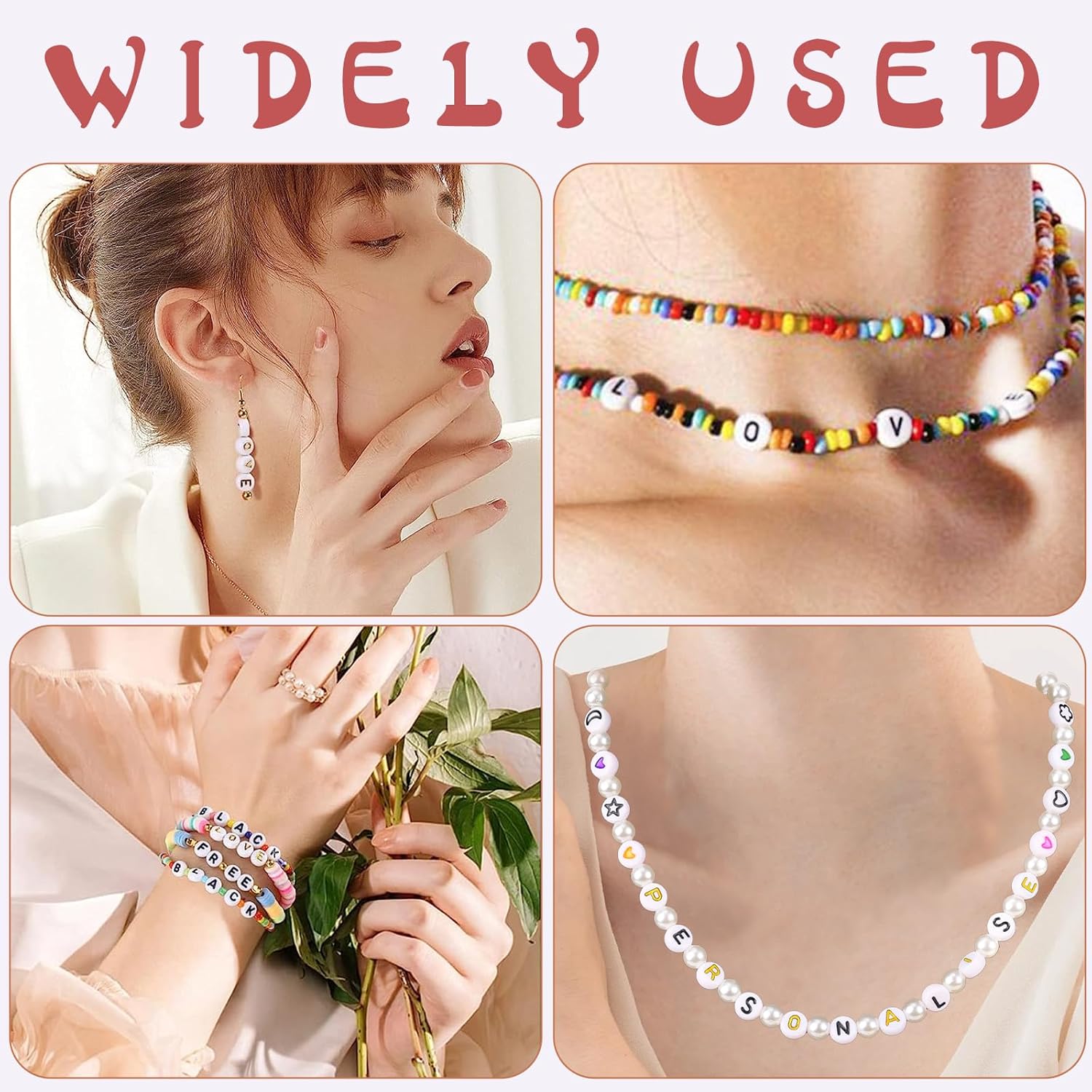 500 cuentas de letras para fabricación de joyas de 0.166 x 0.276 pulgadas, cuentas redondas blancas de la letra A para pulseras, cuentas del